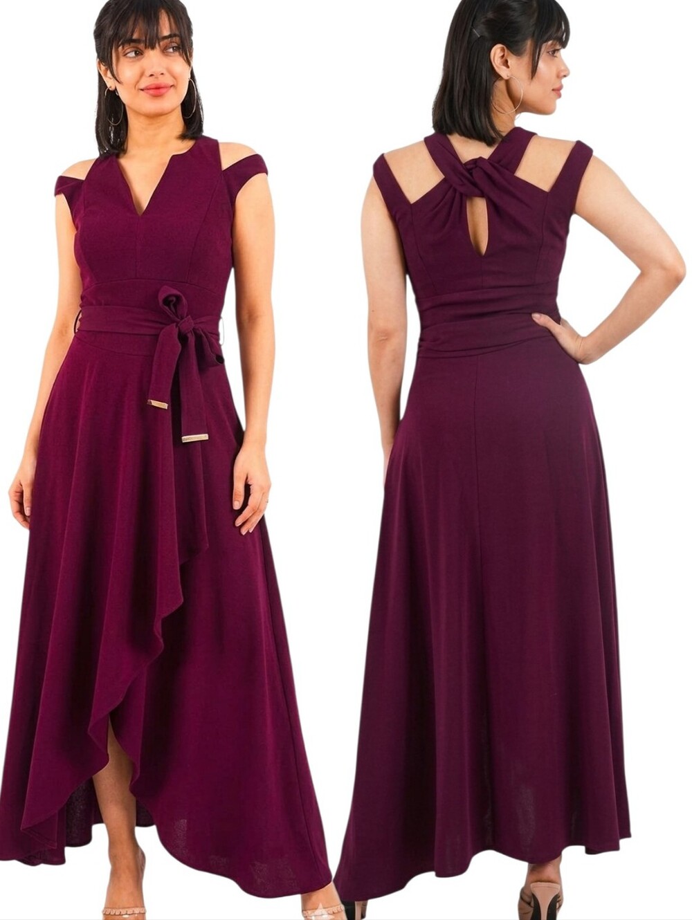 KAREN MILLEN Burgundy Cold Shoulder Waterfall Maxi Dress - Size 4